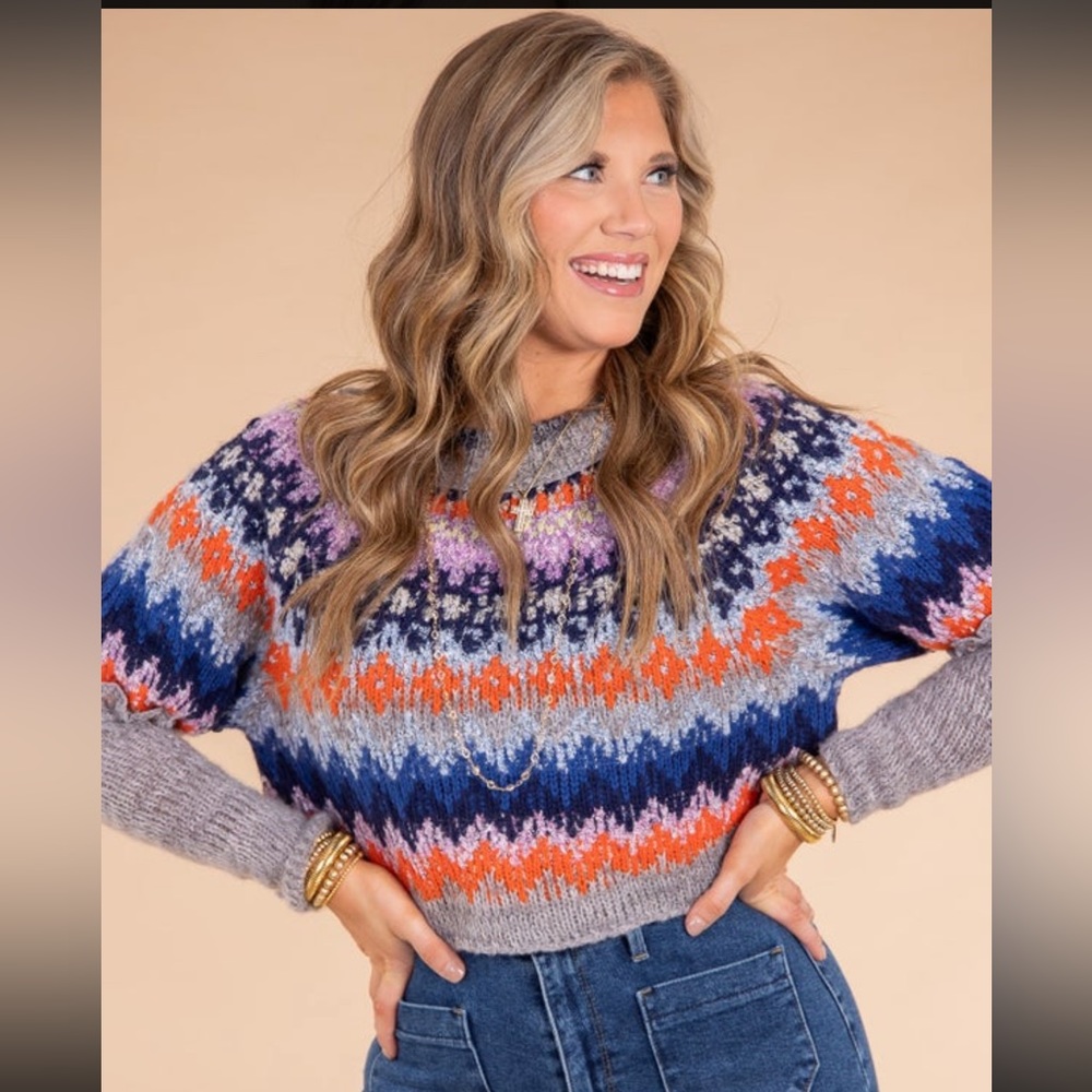 Free People Home for the Holidays Cropped Sweater - Heather Gray Combo - L